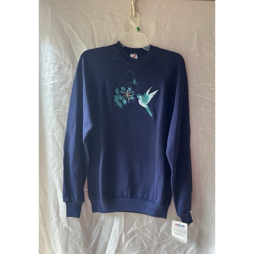 Vintage Jerzees Hummingbird Flowers Navy Blue Sweatshirt 90s Embroidered‎ NWT